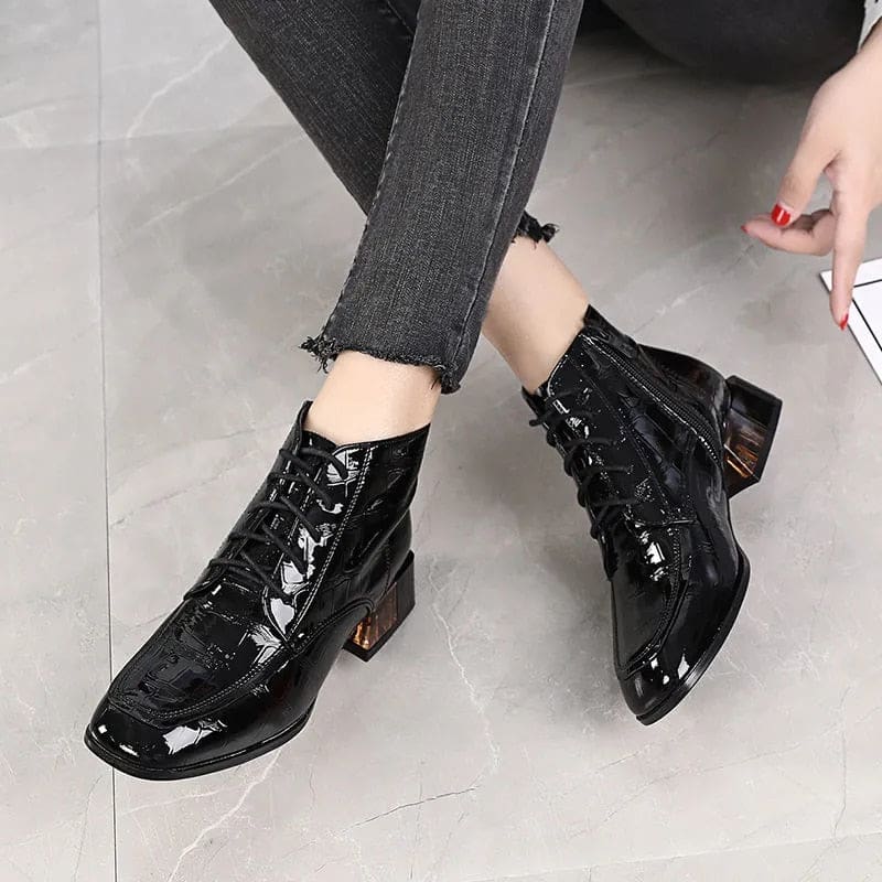 genuine leather soft patent square heels autumn/winter women short boots