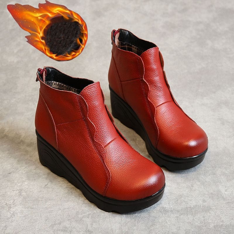 Genuine Leather Soft Plush Ankle Winter Women Boots Red(Plush) / 6 HIGH HEELS