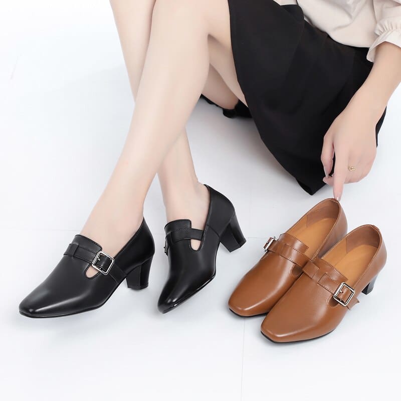 Genuine Leather Square Toe Causal Women Shoes HIGH HEELS