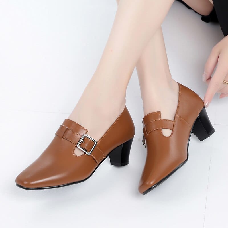 Genuine Leather Square Toe Causal Women Shoes HIGH HEELS