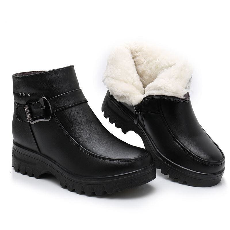 genuine leather thick plush warm waterproof non-slip snow boots for women