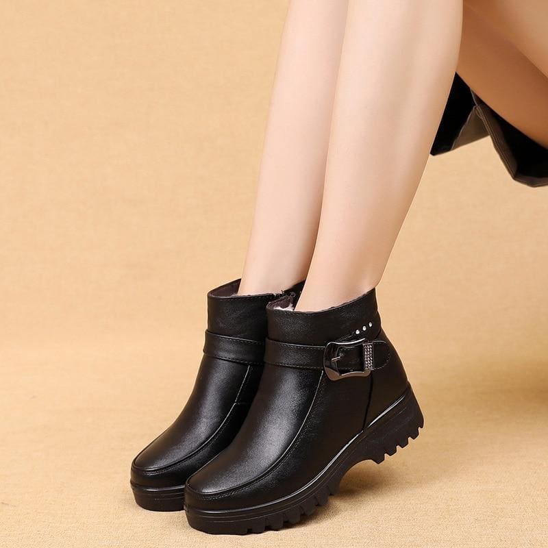 genuine leather thick plush warm waterproof non-slip snow boots for women