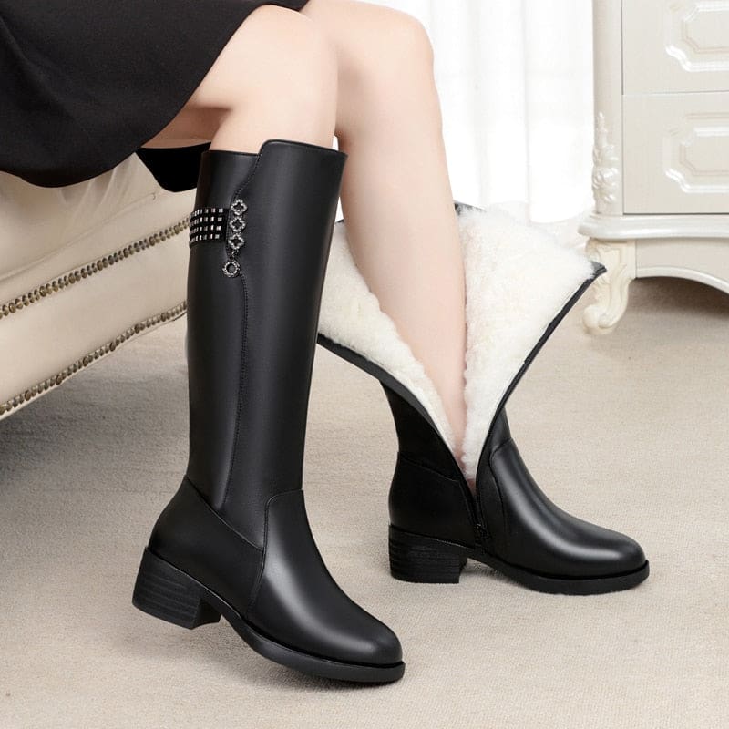 Genuine Leather Thick Wool Female Long Boots WOMEN BOOTS