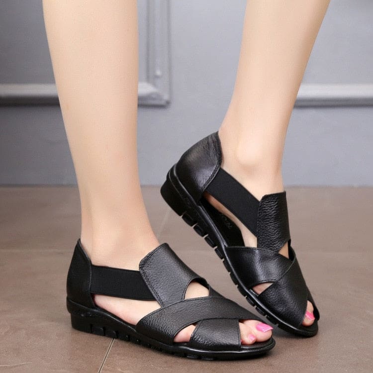 Genuine Leather Wedge Heel Gladiator Comfort Sandals Black / 9 WOMEN SANDALS