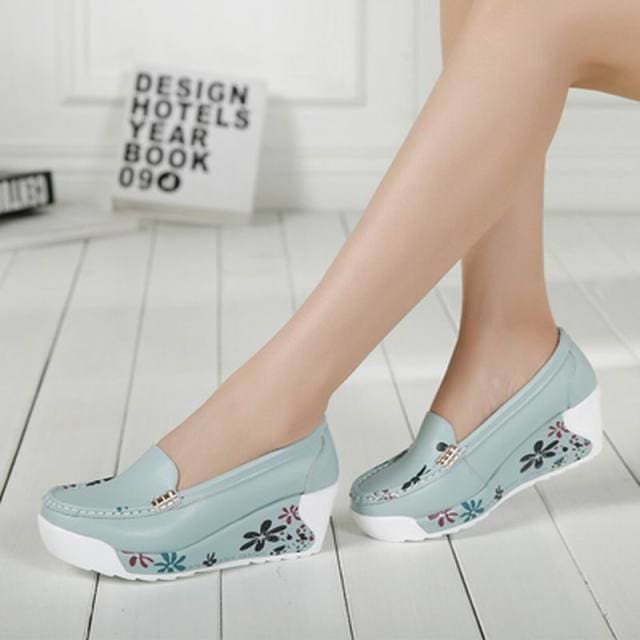 Genuine Leather Wedges Platform Lady Shoes SKY BLUE / 9 HIGH HEELS