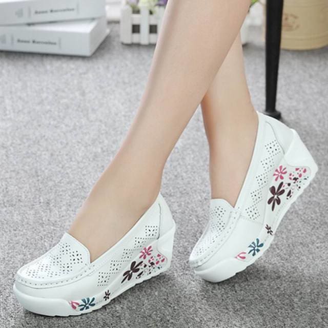 Genuine Leather Wedges Platform Lady Shoes WHITE-1 / 9 HIGH HEELS