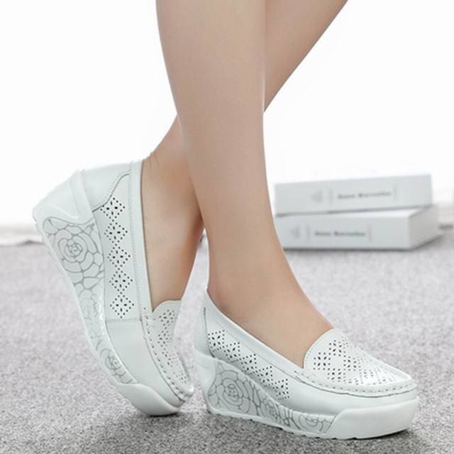 Genuine Leather Wedges Platform Lady Shoes WHITE-2 / 9 HIGH HEELS