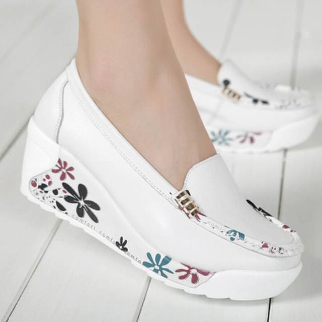 Genuine Leather Wedges Platform Lady Shoes WHITE / 6.5 HIGH HEELS