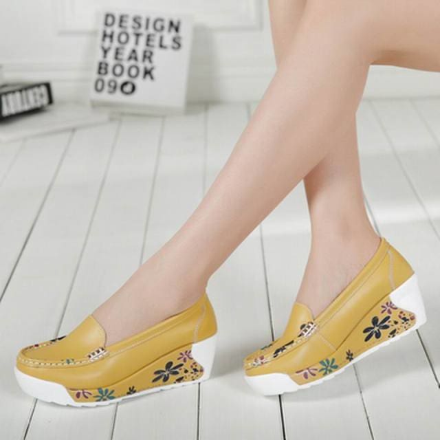 Genuine Leather Wedges Platform Lady Shoes YELLOW / 9 HIGH HEELS