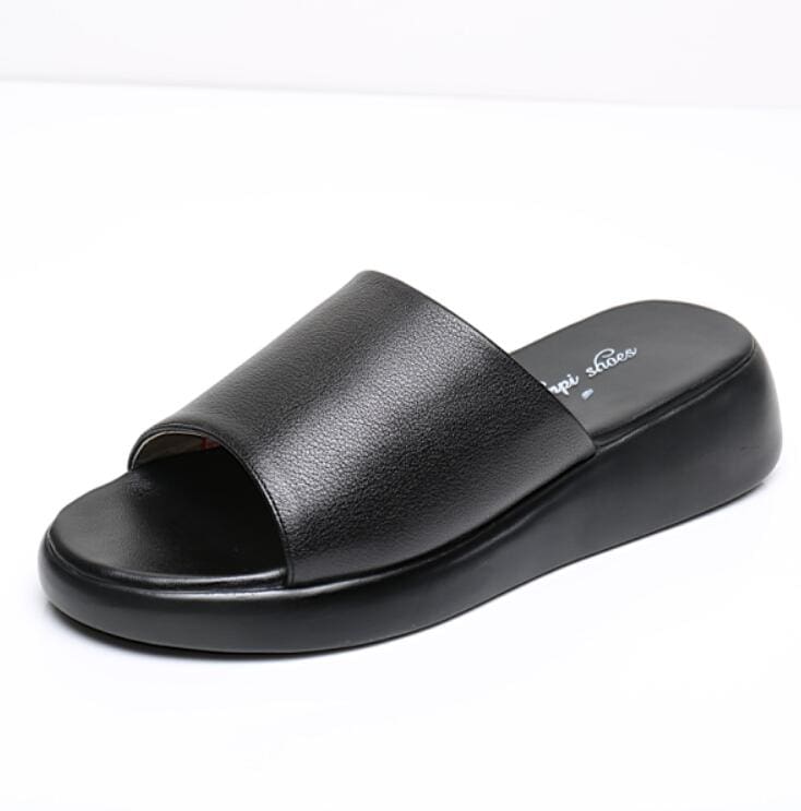 Genuine Leather Wedges Platform Summer Slippers For Women Black / 7.5 WOMEN SANDALS