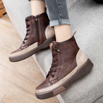 Genuine Leather Zip Plush Warm Soft Sewing Retro Ankle Winter Women Shoes Brown / 6.5 HIGH HEELS