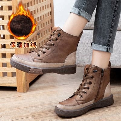 Genuine Leather Zip Plush Warm Soft Sewing Retro Ankle Winter Women Shoes HIGH HEELS