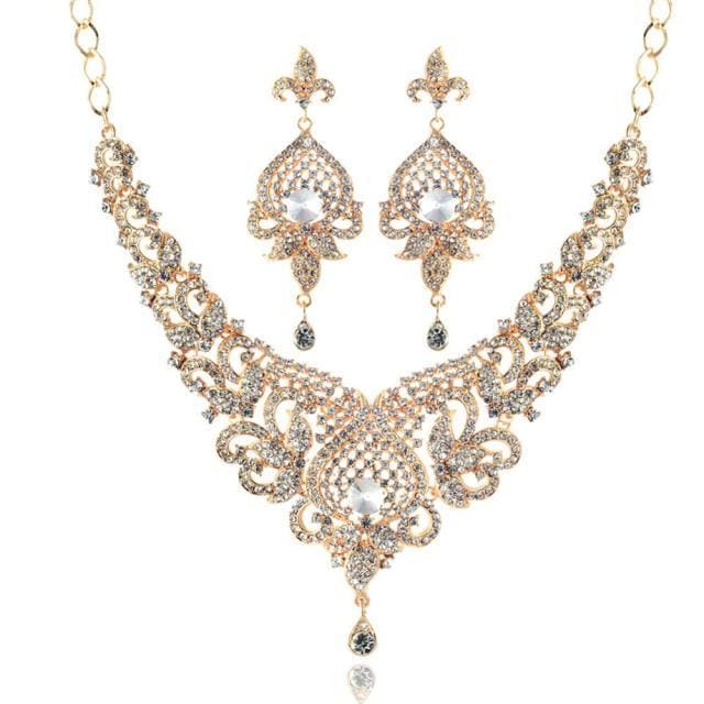 glass necklace and earrings wedding jewelry set gold white