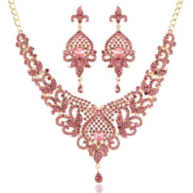 glass necklace and earrings wedding jewelry set pink
