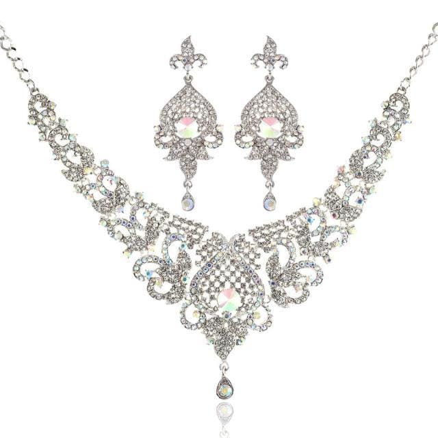 glass necklace and earrings wedding jewelry set silver white ab