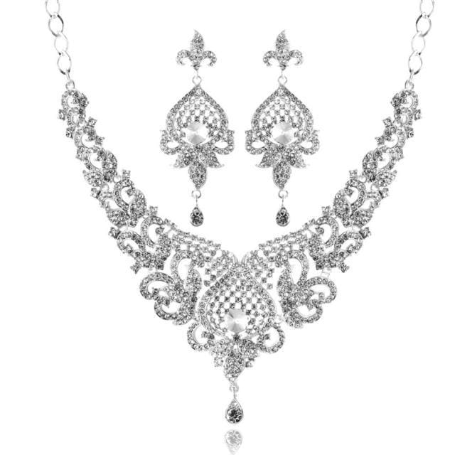 glass necklace and earrings wedding jewelry set silver white