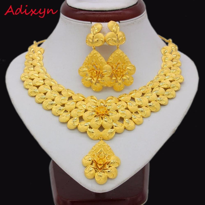gold flowers bridal necklace earrings set gold-color