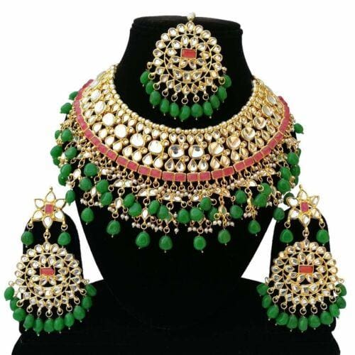 gold plated bridal choker necklace earrings tikka set green