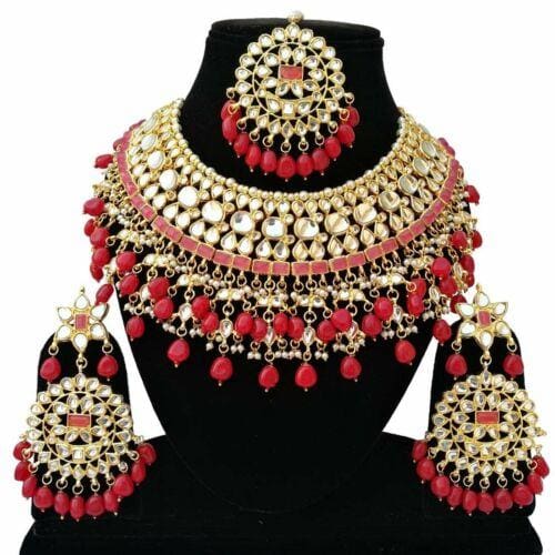 gold plated bridal choker necklace earrings tikka set red