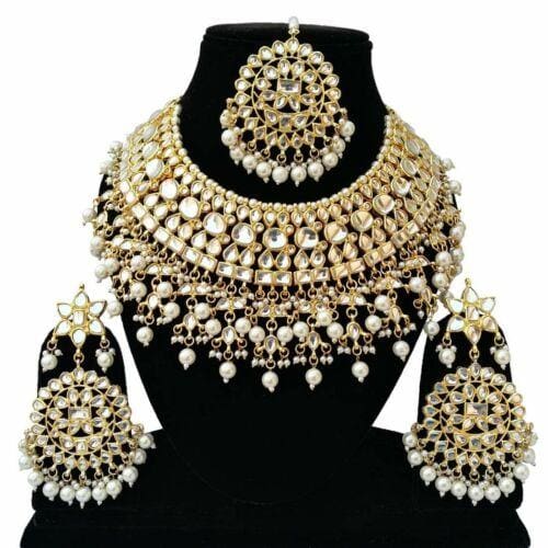 gold plated bridal choker necklace earrings tikka set white