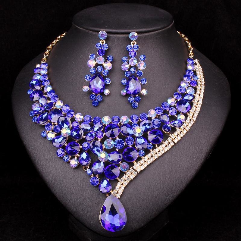 gorgeous crystal bridal jewelry sets wedding necklace earrings deep blue