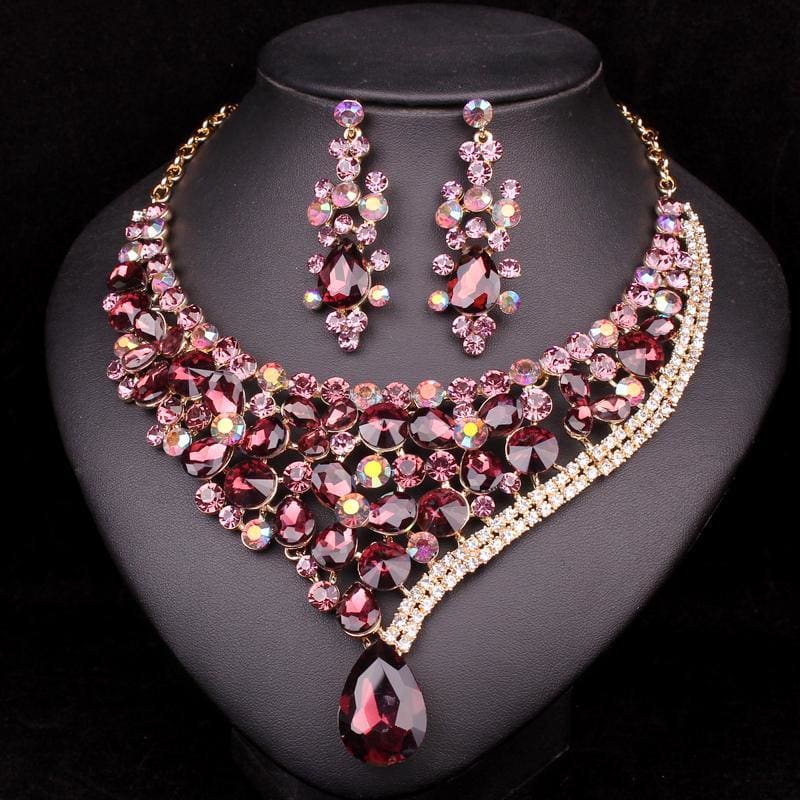 gorgeous crystal bridal jewelry sets wedding necklace earrings purple