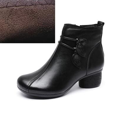 Handmade Genuine Leather Flowers Zipper Thick Heel Retro Boots Black Autumn / 5 HIGH HEELS