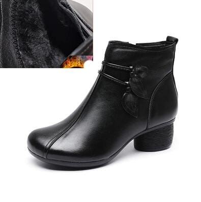 Handmade Genuine Leather Flowers Zipper Thick Heel Retro Boots Black Winter / 6.5 HIGH HEELS