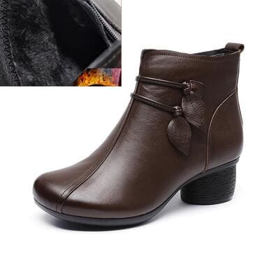 Handmade Genuine Leather Flowers Zipper Thick Heel Retro Boots Brown Winter / 8.5 HIGH HEELS