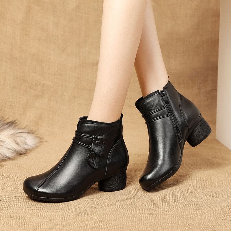 Handmade Genuine Leather Flowers Zipper Thick Heel Retro Boots HIGH HEELS