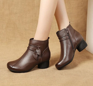 Handmade Genuine Leather Flowers Zipper Thick Heel Retro Boots HIGH HEELS