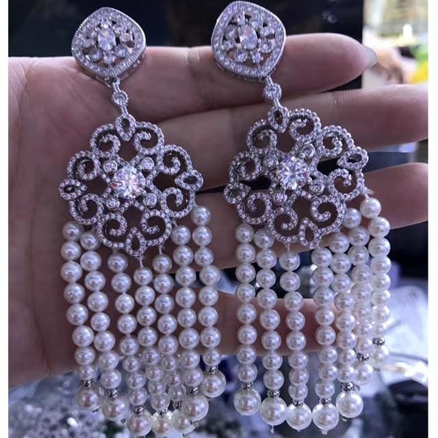 handmade luxury cz zircon connector pearl beaded dangle tassel earrings white