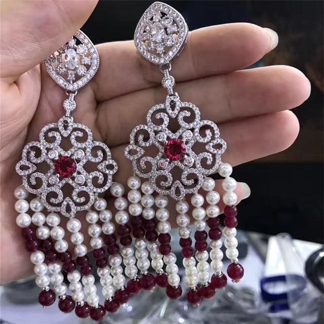 handmade luxury cz zircon connector pearl beaded dangle tassel earrings white n wine red