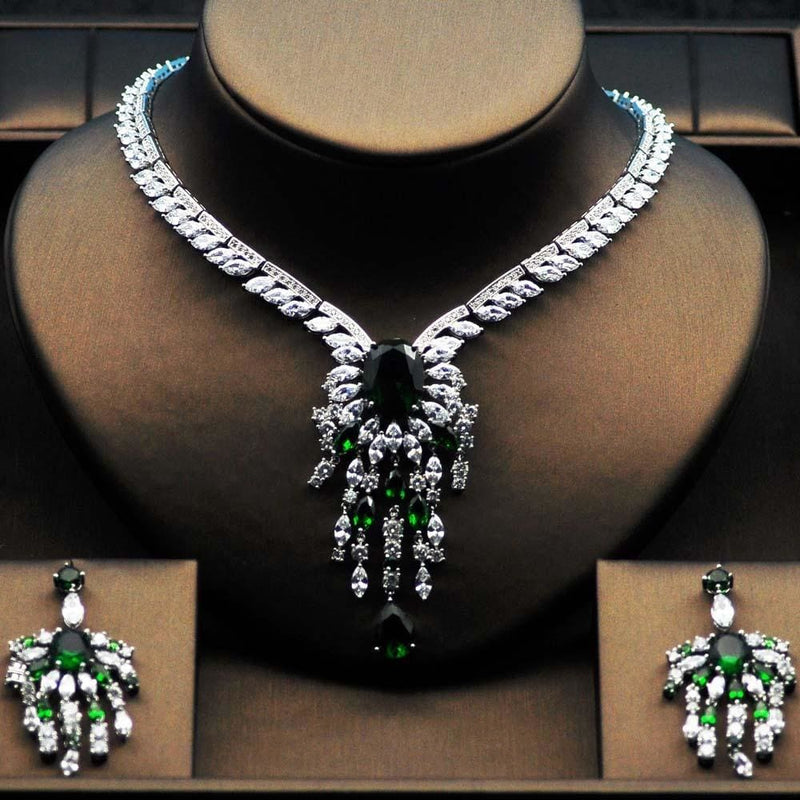 high quality big flower shape women bridal jewelry set platinum plated green / 45cm