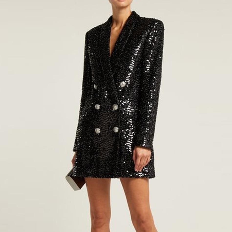 high quality double lion buttons shawl collar glitter sequined long runway black blazers