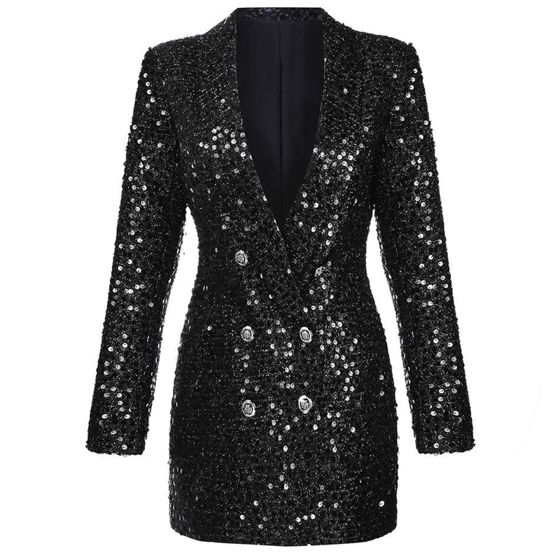 high quality double lion buttons shawl collar glitter sequined long runway black blazers