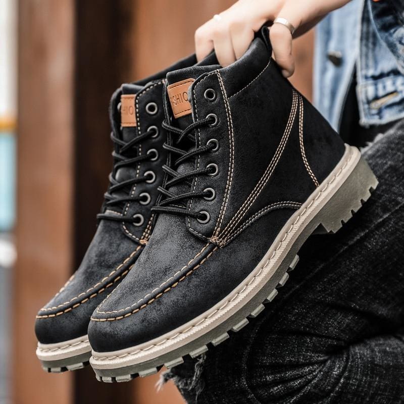 high quality leather casual motorcycle ankle lace-up boots