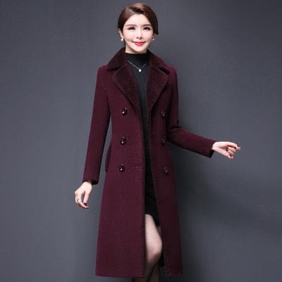 High Quality Thicken Cashmere Collar Wool Blends Women Coat Wine Red 8158 / XL WOMEN OVERCOAT