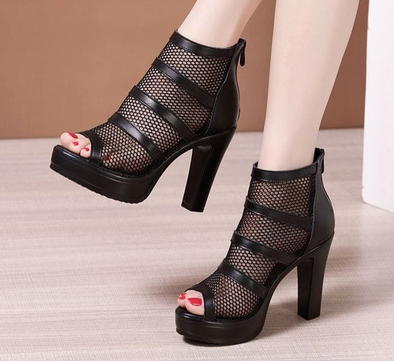 hollow out square heel peep toe high heels