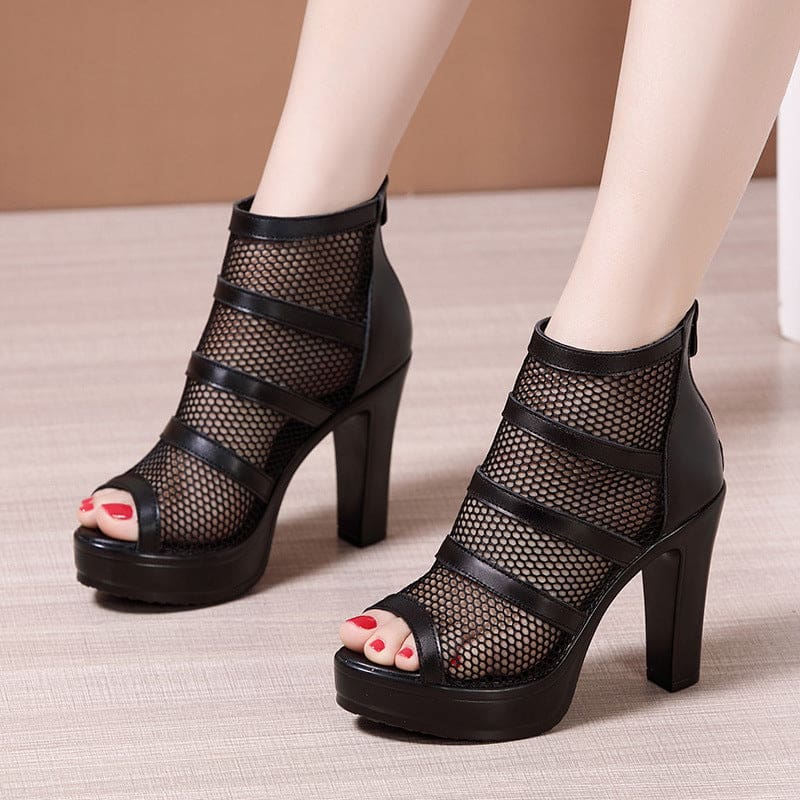 hollow out square heel peep toe high heels