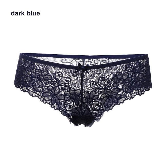 hot women low waist transparent underwear sexy lace floral thong dark blue