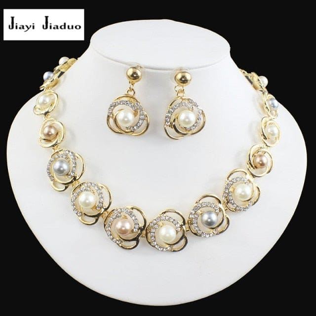 imitation pearl gold-color roses tripe beads designed jewelry sets 1