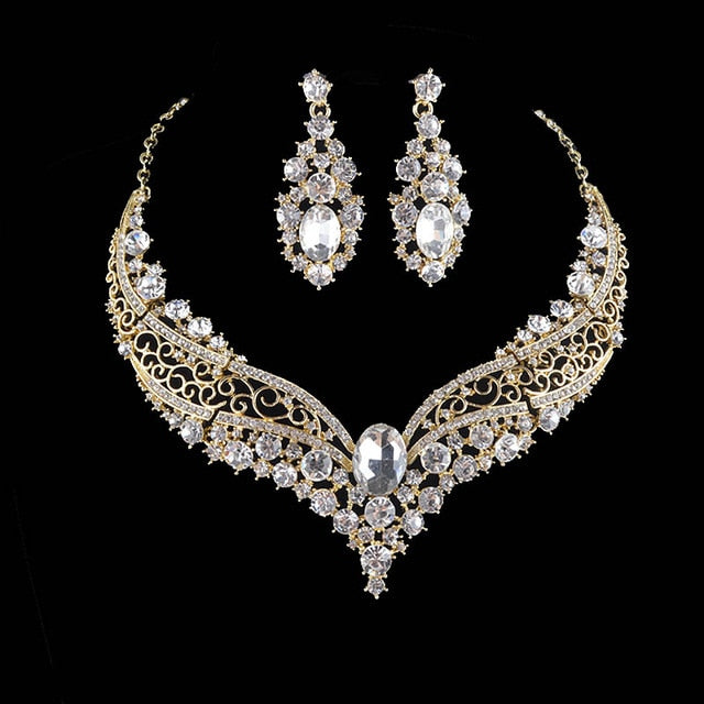 india style bridal rhinestone glass wedding jewelry set gold color