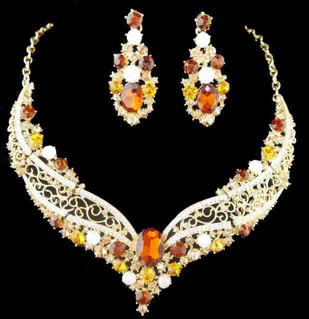 india style bridal rhinestone glass wedding jewelry set topaz color
