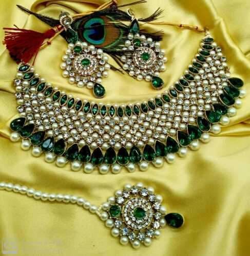 indian bollywood gold plated kundan pearl necklace earrings tikka bridal jewelry green