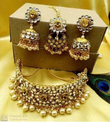 indian bollywood kundan cz white bridal wedding choker necklace jewelry gold