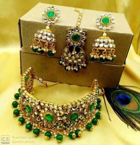 indian bollywood kundan cz white bridal wedding choker necklace jewelry green