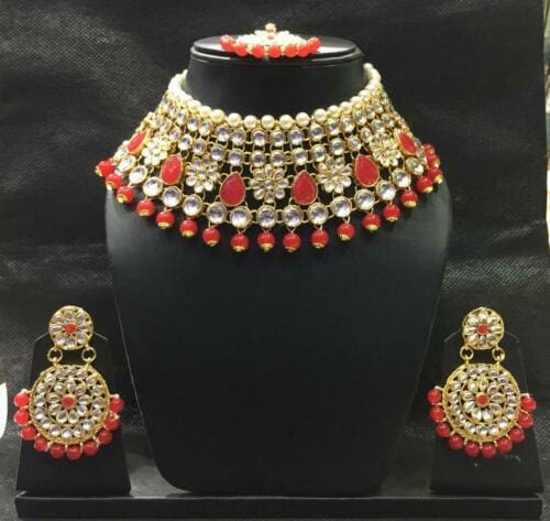 indian bollywood traditional bridal pearls wedding kundan fashion jewelry set red