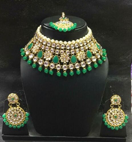 indian bollywood traditional bridal pearls wedding kundan fashion jewelry set green