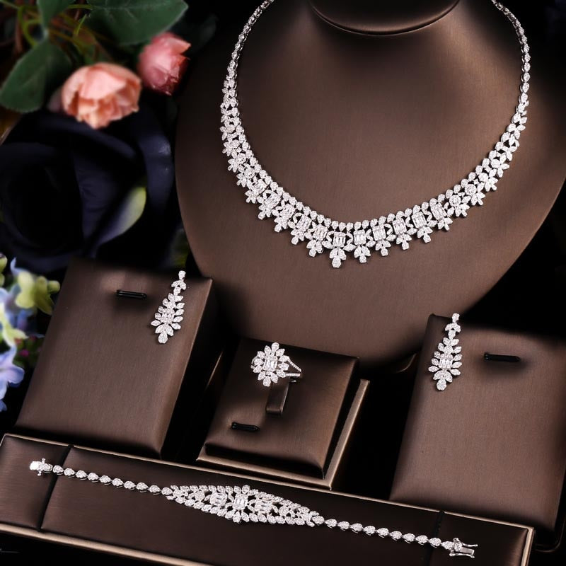 4 pcs bridal zirconia cz crystal jewelry sets white / resizable
